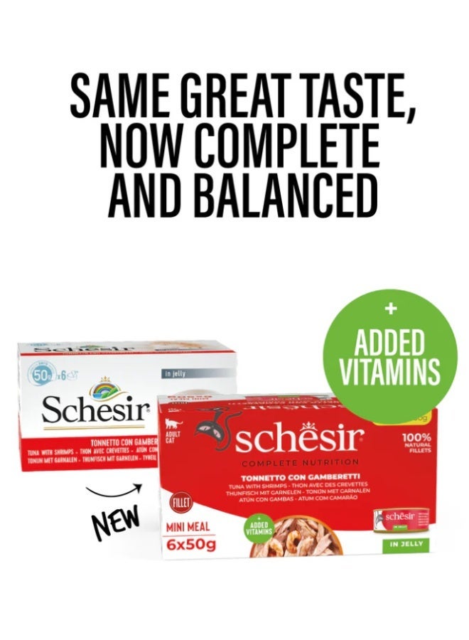 Schesir Complete Nutrition Mini Meal for Adult Cats – Tuna with Shrimps in Jelly – 100% Natural Fillets with Added Vitamins – 300 g (6 x 50 g Cans) - Image 3